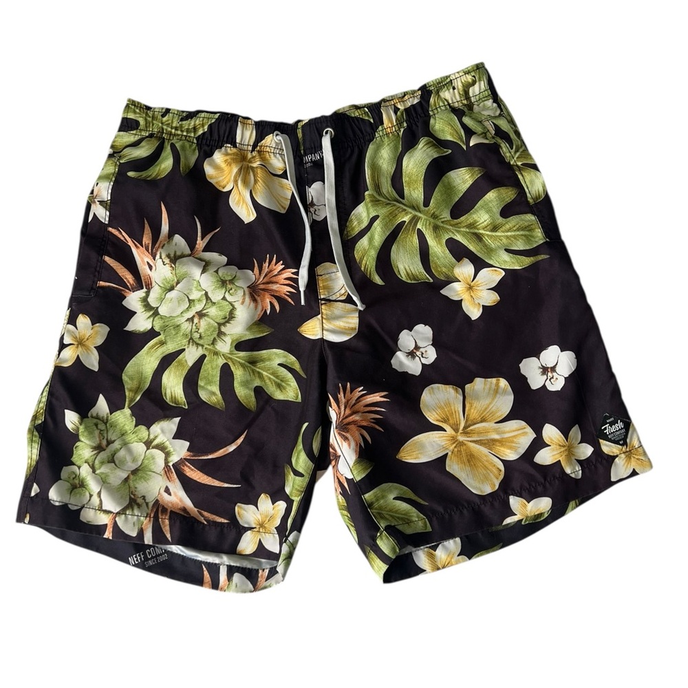 Neff Men’s Rusty Black and Green Floral‎ Beach Surf Shorts - L